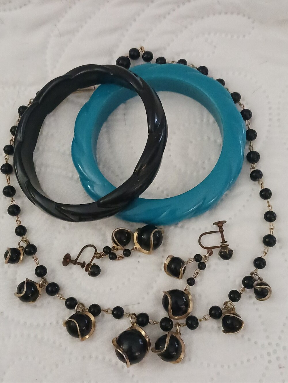 Vintage Necklace Earrings Bangles Lot Black Silver Teal